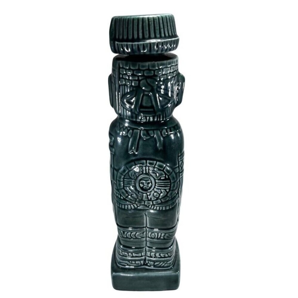 Vtg 1960 Ceramic Tiki Decanter Cork Shot Glasses Aztec Mayan Idol Green Set of 7 - Picture 4 of 16